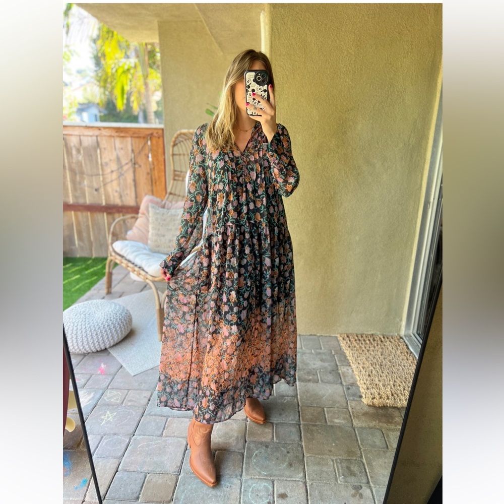 NWT Free People See It Through Floral Chiffon Maxi Dress Long Sleeve Sz XS - Picture 2 of 12
